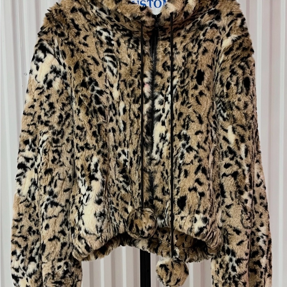 Vintage Designer Leopard Print Faux Fur Shearling Hoodie Zipper Jacket